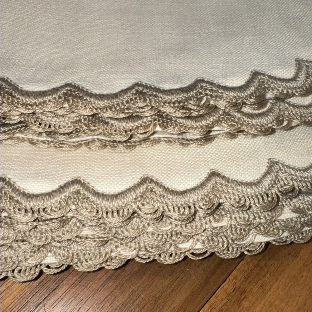 Vintage Linen Tablecloth & 8 Napkins Set Scalloped Crochet Trim Ivory